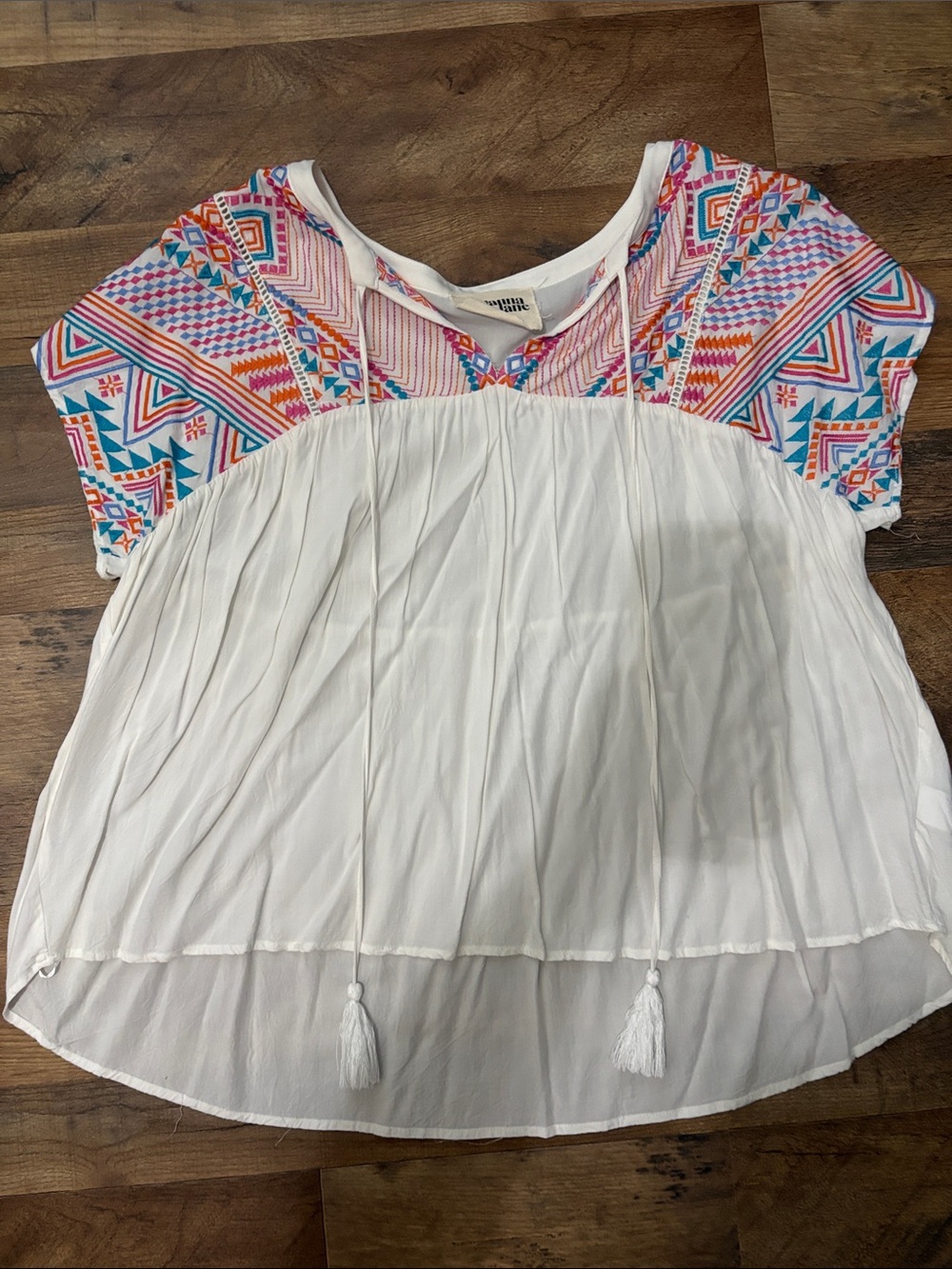 Savanna Jane White Boho Peasant Top with Multicolor Embroidered Yoke Size: 1XL